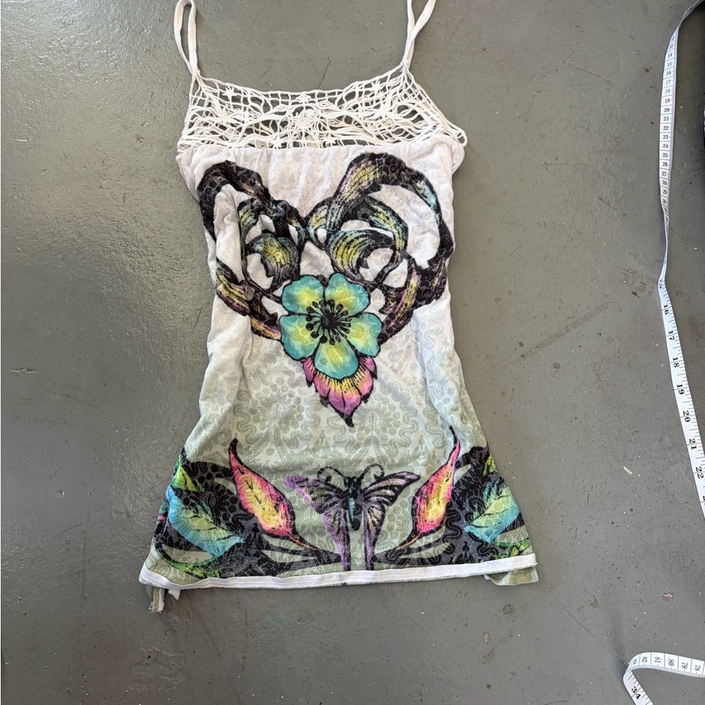 Boho Crochet-Trim Floral Spaghetti Strap Tank Top - White with Multicolor Print